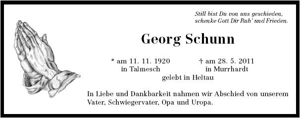 Schunn Georg 1920-2011 Todesanzeige